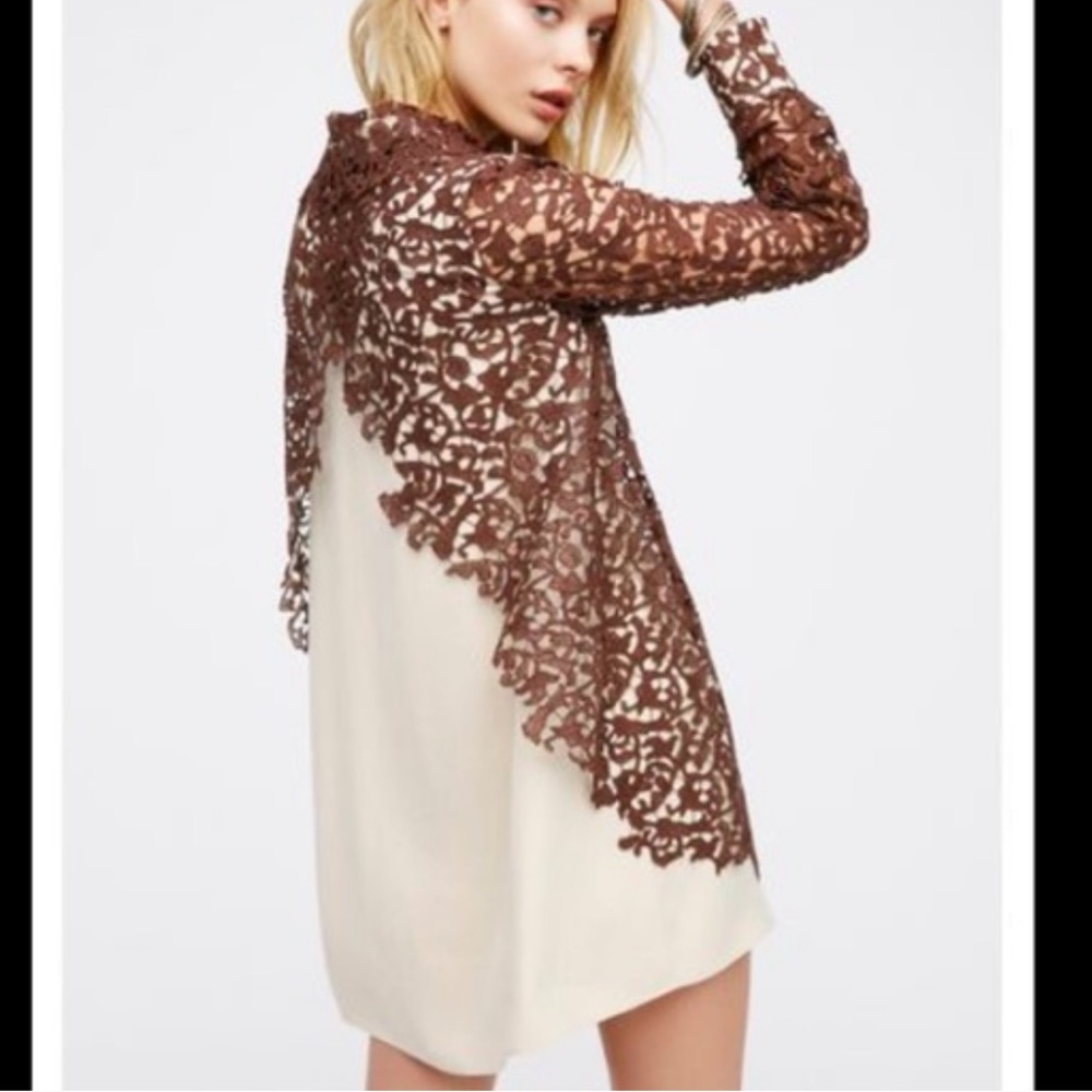 Free People Delia Lace Dress - Ivory Lining with Brown Lace Overlay - Size 6